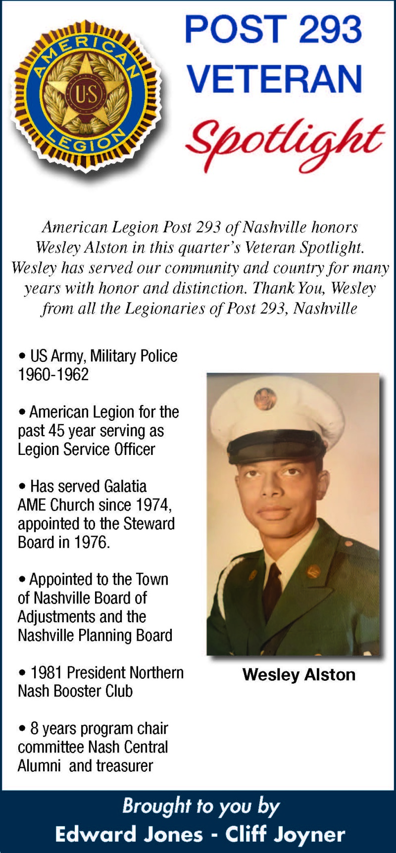 Post 293 Veteran Spotlight - Wesley Alston